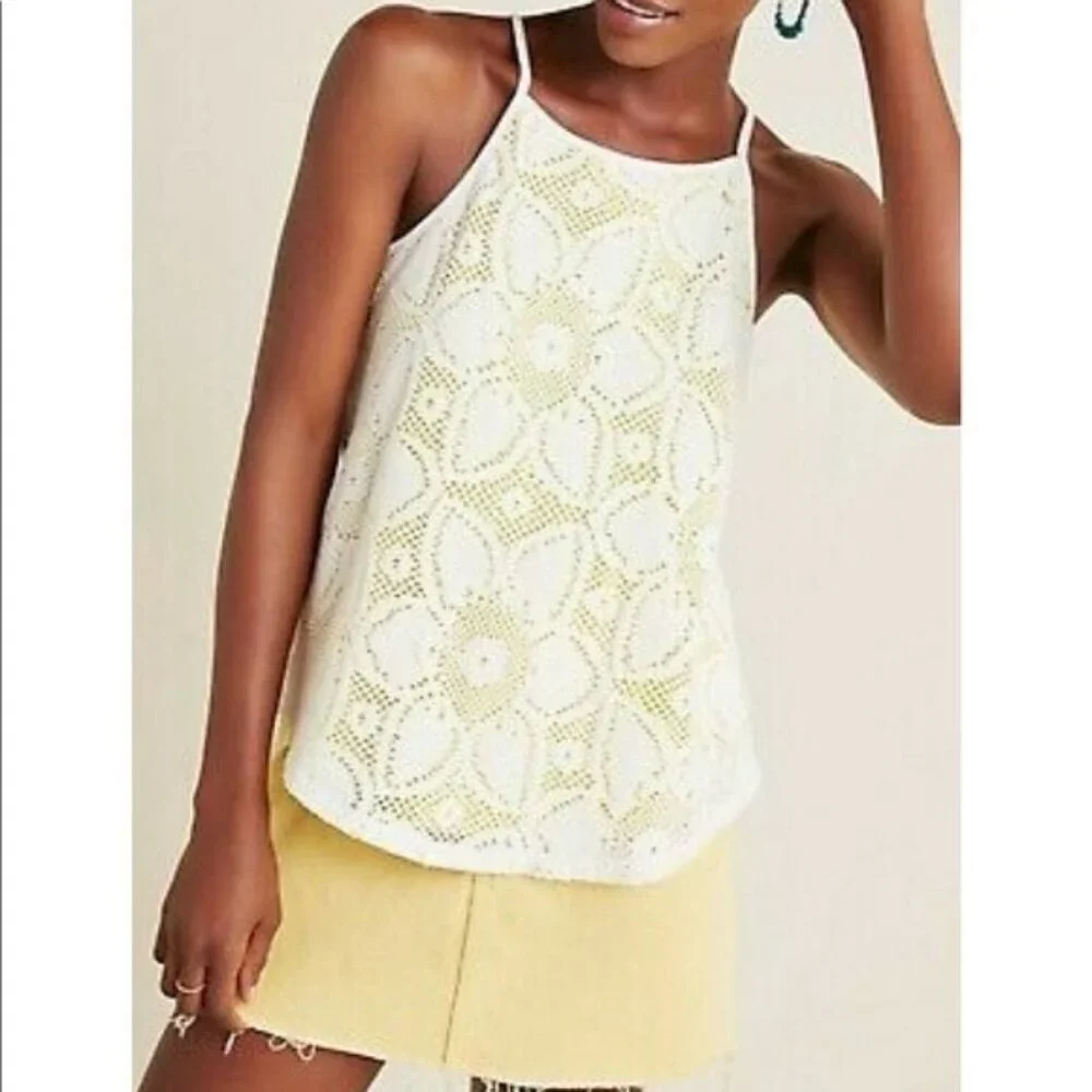 NWT Anthropologie Cosette Camisole Sunflower Crocheted Tank Top Yellow White-sz